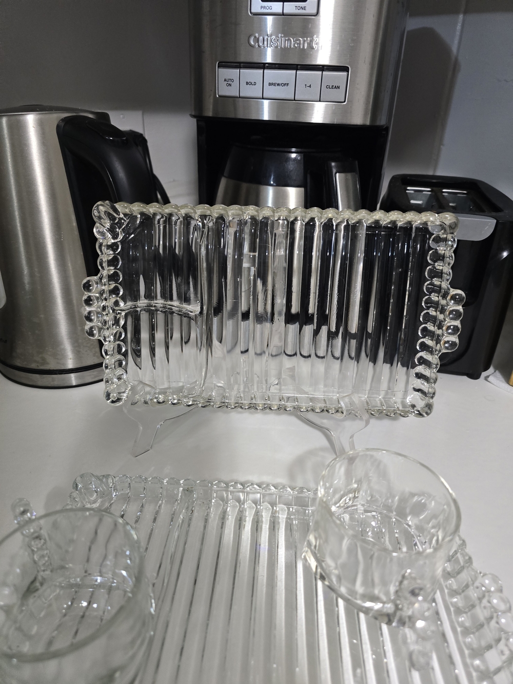 Vintage Clear Glass Ribbed Serving Tray with Beaded Edge